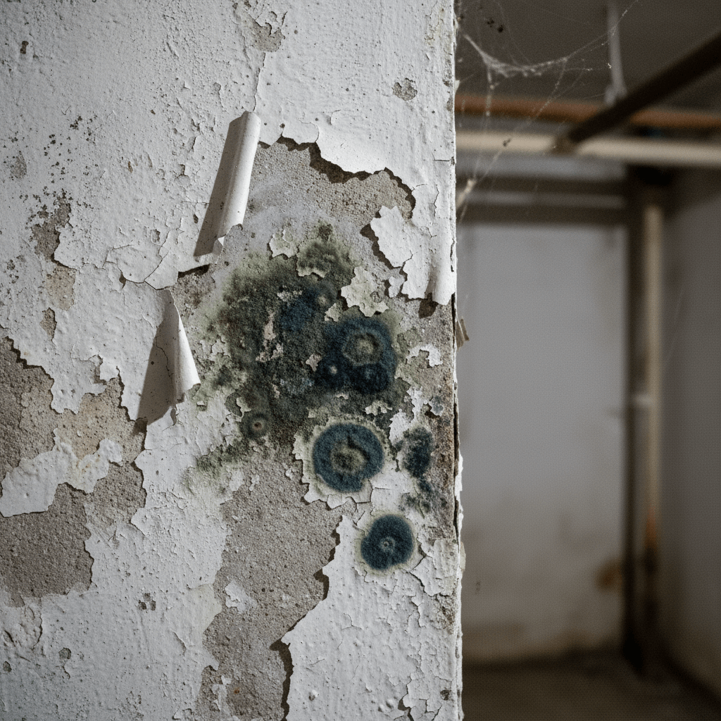 Messgerät liegt auf Estrich, daneben markiert Kreide eine feuchte Stelle entlang der Wand