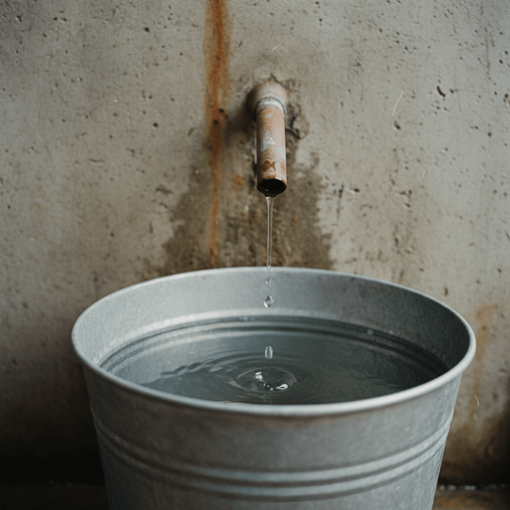 Eimer fangen Wasser von undichtem Rohr auf