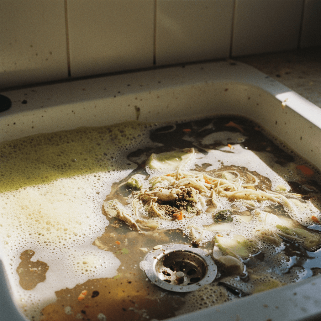 Waschbecken mit stehenden Wasser und einer Saugglocke an der Arbeitsplatte