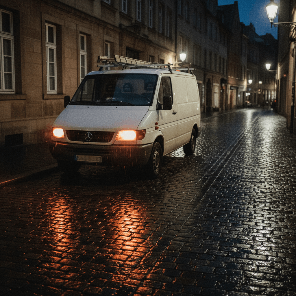 Sanitärmonteur arbeitet nachts vor Ort an einem Servicefahrzeug in einer Wohnstraße
