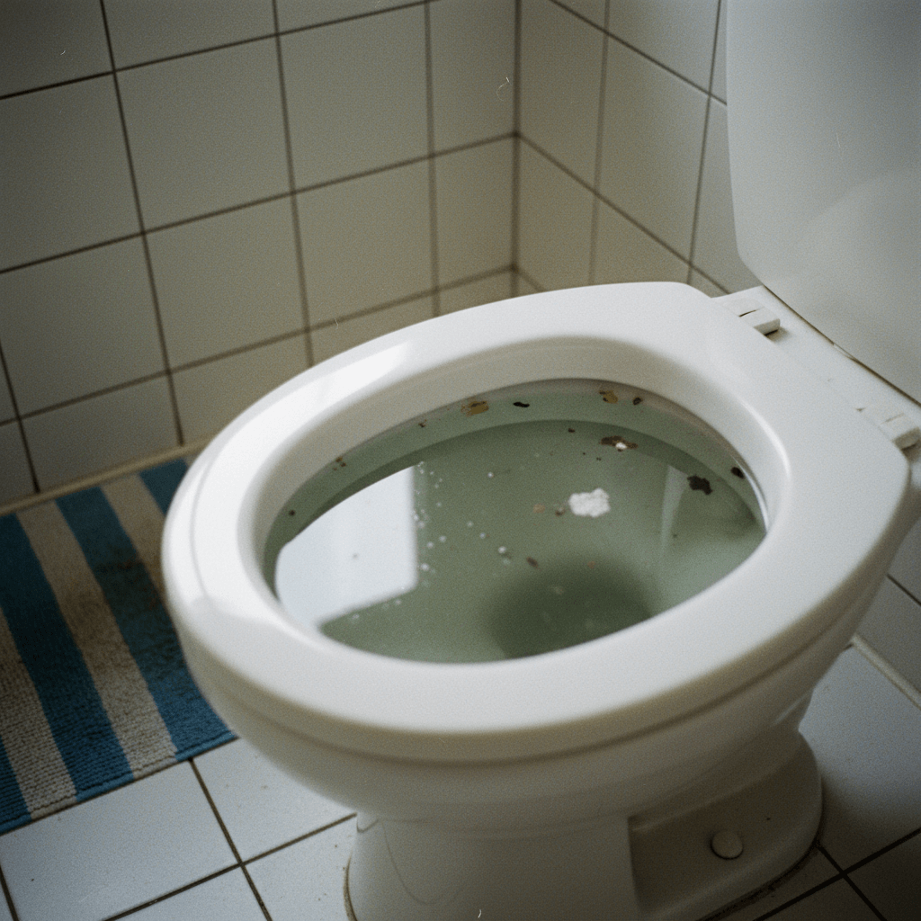 Toilette im Badezimmer mit erhöhtem Wasserstand, daneben liegen Einweghandschuhe und Reinigungsmittel