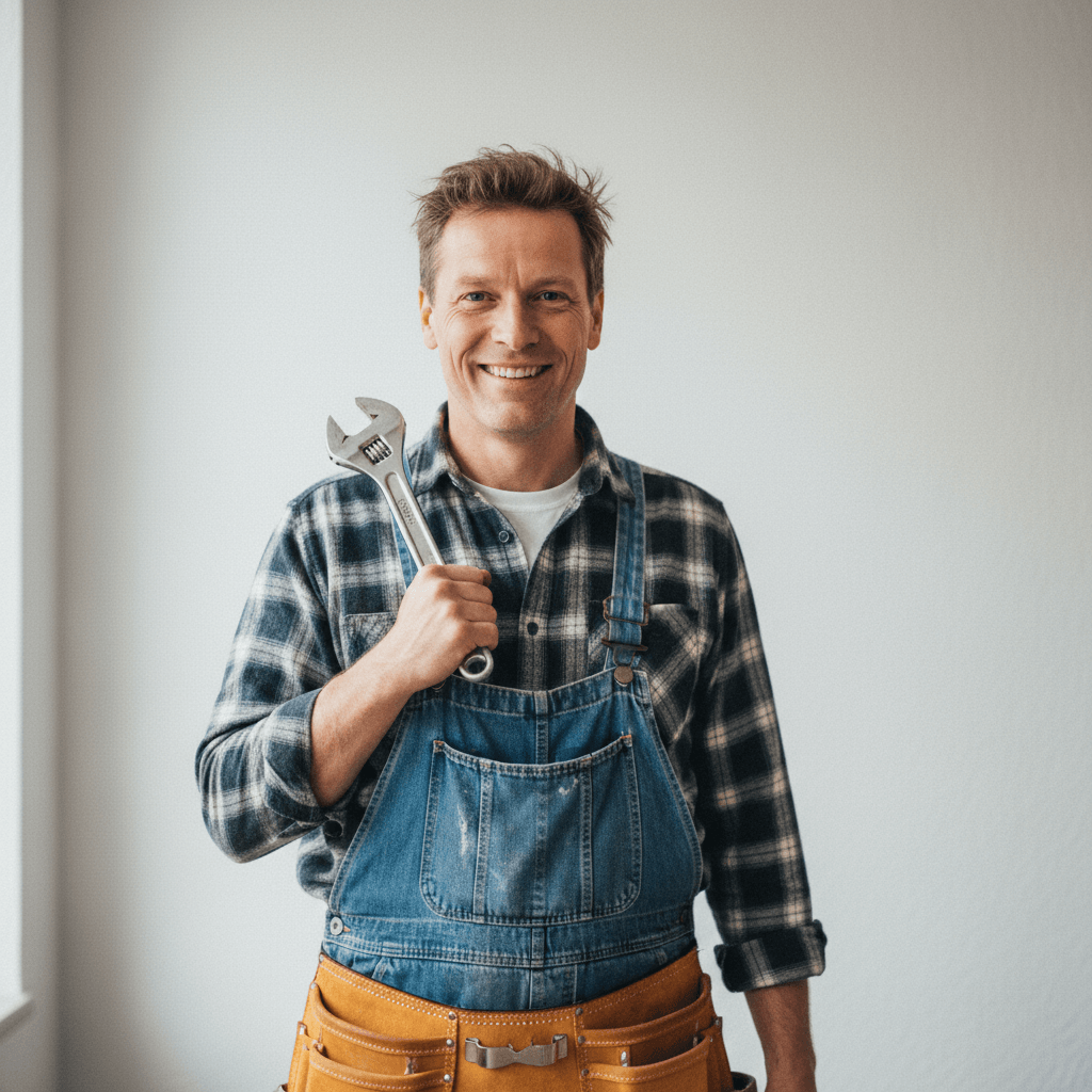 Freundlicher Handwerker für Notdienst Rohrverstopfung bereit zum Einsatz